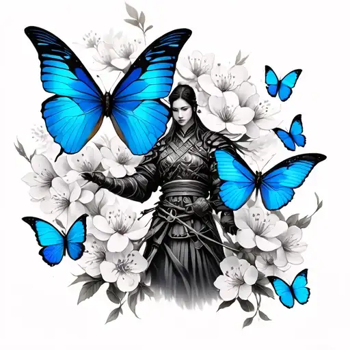 Japanese cherry blossom blue butterflies and a warrior tattoo design idea