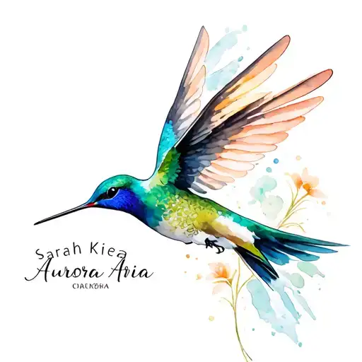 "Sarah Kiera Aurora Aria" humming bird flying tattoo design idea