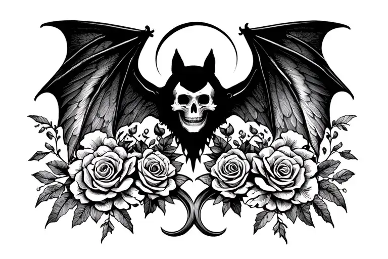 “Blackwork tattoo design of a bat with outstretched wings, gothic elements like crescent moon, roses, and skulls, detai tattoo design idea