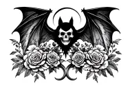 “Blackwork tattoo design of a bat with outstretched wings, gothic elements like crescent moon, roses, and skulls, detai tattoo design idea