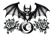 “Blackwork tattoo design of a bat with outstretched wings, gothic elements like crescent moon, roses, and skulls, detai tattoo design idea