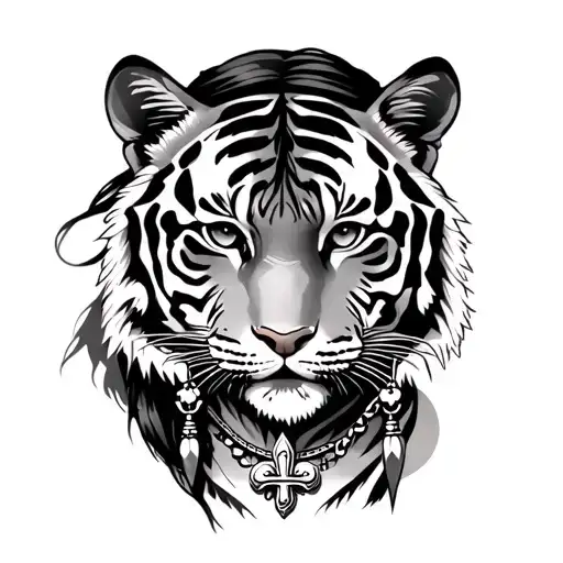 Native American woman silhouette with a tiger as the face facing forward and a fleur-de-lis necklace tattoo design idea