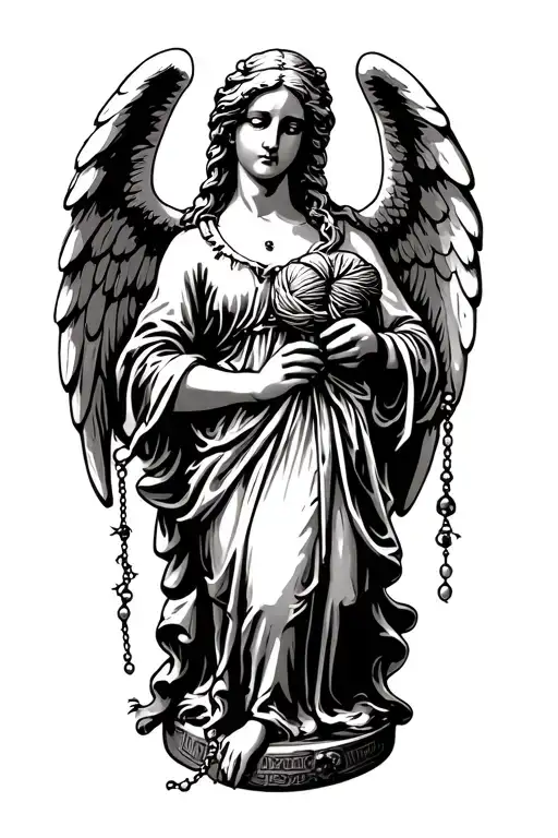 angel statue holding a yarn of thorns in one hand and a rosary in the other tattoo design idea