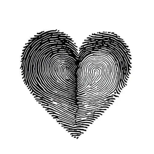 Create an image of a small, dainty tattoo that's lighter ink, black ink only, of 2separate fingerprints in a heart shape tattoo design idea