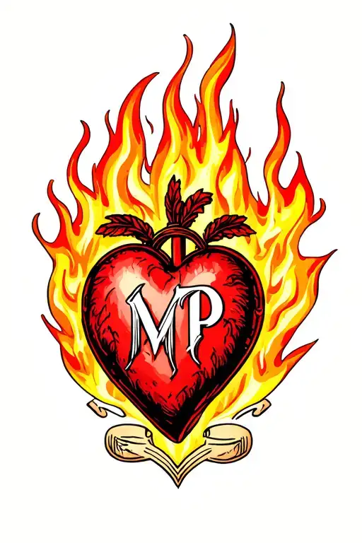sacred heart with letters m and p in the flame tattoo design idea