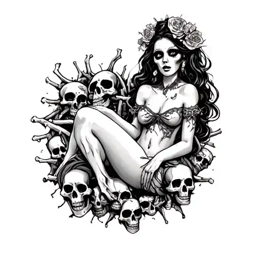 evil woman surrounded by bones and skulls  tattoo design idea