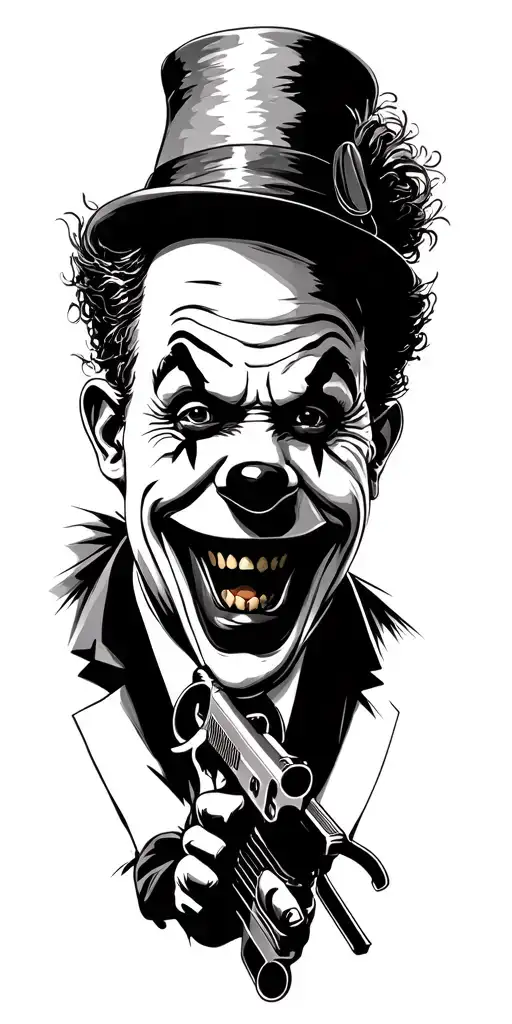 Clown smiling with a gun in his hand robbing the bank. add background of a bank robbery theme. tattoo design idea