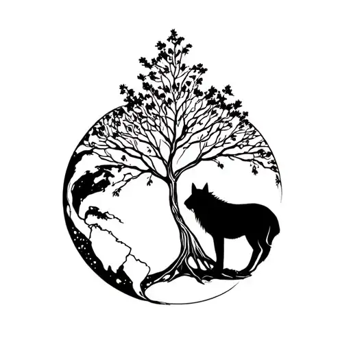 earth with ash tree and wolf surrounded tattoo design idea