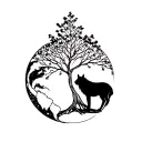 earth with ash tree and wolf surrounded tattoo design idea