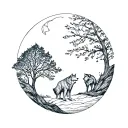 earth with ash tree and wolf surrounded tattoo design idea