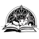 fine line black and white cat sleeping on top of spellbooks, in front of a gothic window at night tattoo design idea