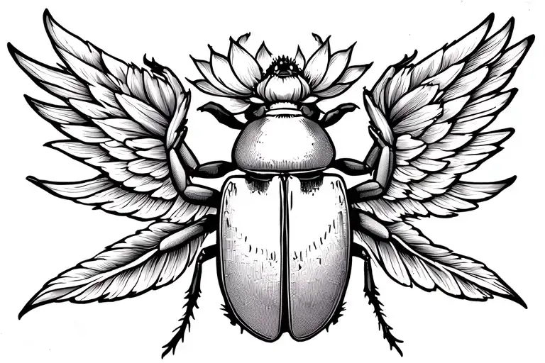 scarab beetle with wings outstretched hilding a lotus flower over its head tattoo design idea