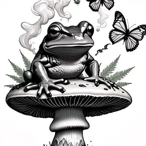 Frog Sitting On Mushroom smoking weed blowing smoke that turns into butterflys tattoo design idea