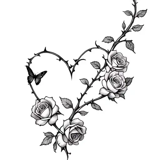 a vine with a few thorns and multiple roses intertwined into a heart with a buterfly in the middle of the heart tattoo design idea