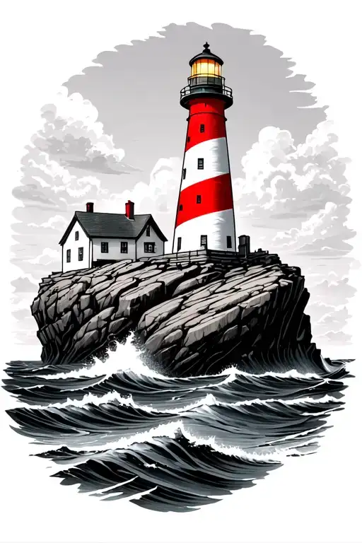 Classic lighthouse, lit top, red/white stripes (B&W), on jagged rock, smaller rocks, rough sea and dynamic waves, no sky tattoo design idea