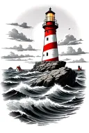 Classic lighthouse, lit top, red/white stripes (B&W), on jagged rock, smaller rocks, rough sea and dynamic waves, no sky tattoo design idea