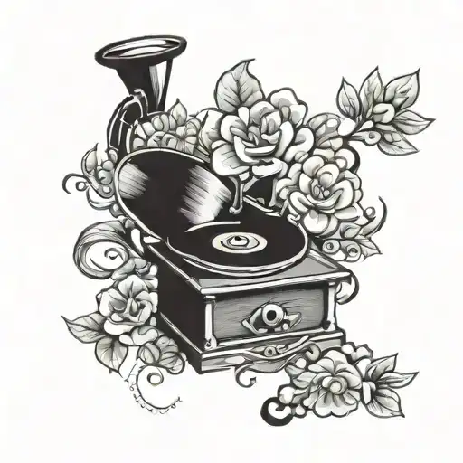 gramophone flowers head in cloud background tattoo design idea