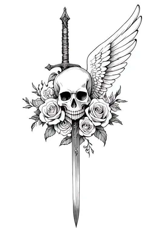 Skull with wing and sword with roses tattoo design idea