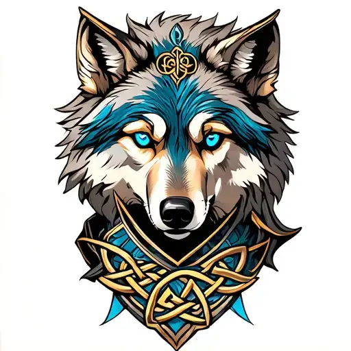 wolf with blue eyes on armor tattoo design featuring Celtic trinity knot  tattoo design idea