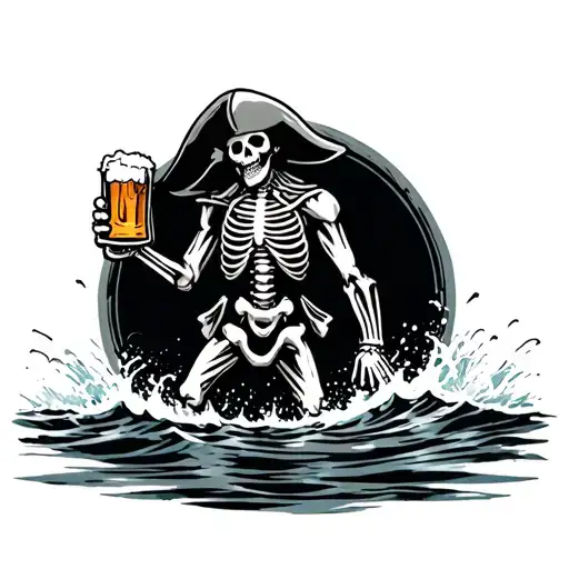 skeleton pirate walking out of the ocean holding a beer tattoo design idea