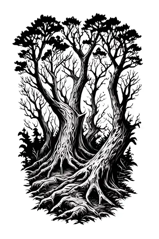 “A black-and-white forearm tattoo illustration of a sweet but eerie haunted forest. The design features many slender, tw tattoo design idea