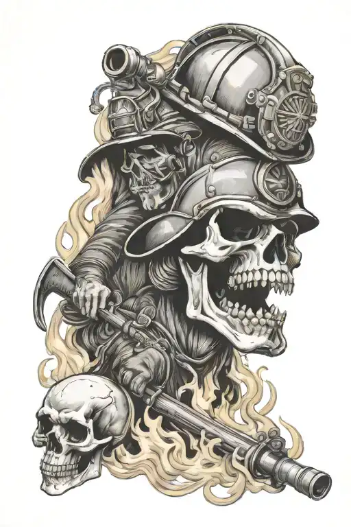 Skull and firefighter battling flames tattoo design idea