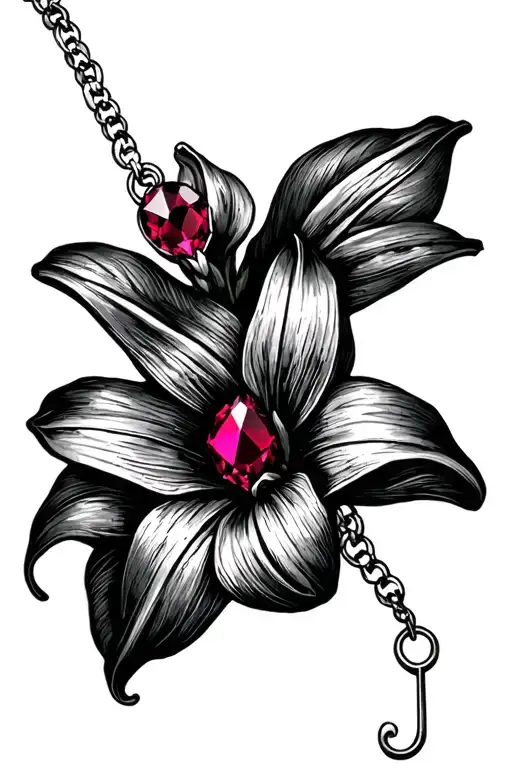 charm bracelet wrist tattoo with a lily flower a ruby gem and the letter J tattoo design idea