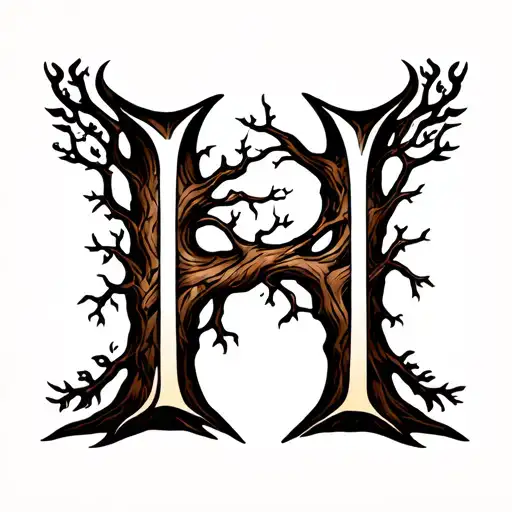 ygdrasill, the tree of life, shaped like the uppercase letter H in cursive writing tattoo design idea