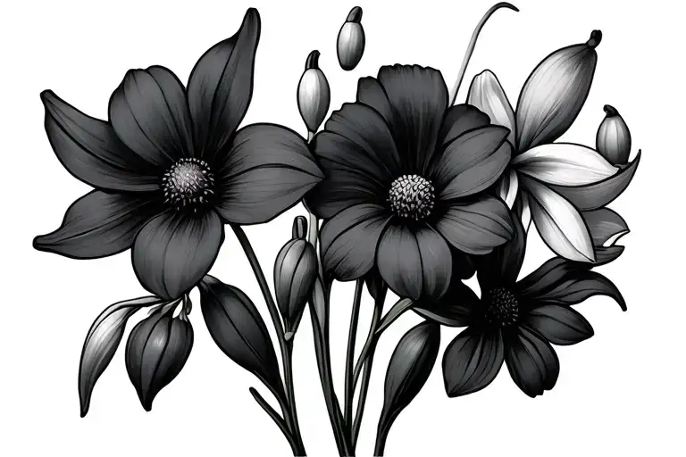 Snowdrop,Violets,Cosmos ,Gladiolus bouquet simple tattoo design idea