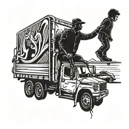 A stylized blackwork tattoo of a truck driver silhouette with the client's grandson sitting on their shoulders tattoo design idea