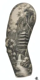 buddhist inpired tattoo focusing on scenary of nature, bamboo, water, and with lotus, koi fish, and small budda tattoo design idea