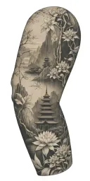 buddhist inpired tattoo focusing on scenary of nature, bamboo, water, and with lotus, koi fish, and small budda tattoo design idea