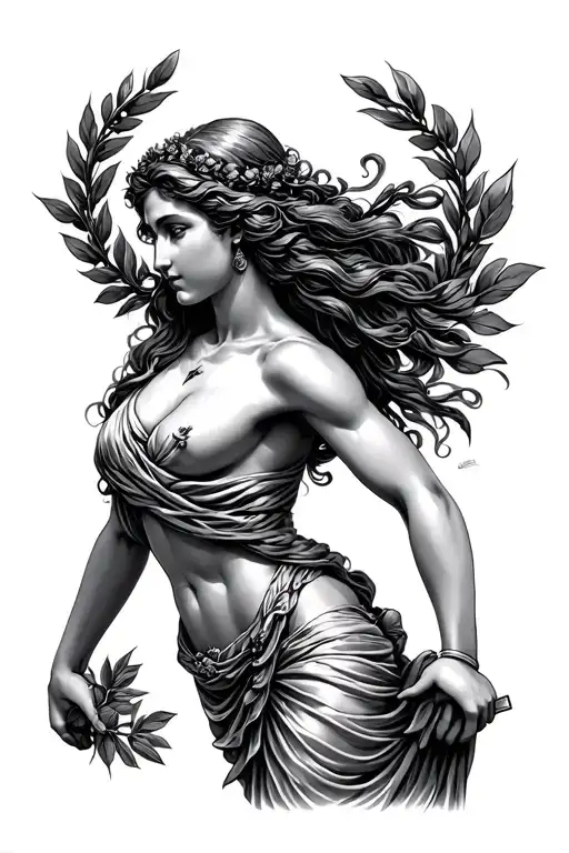 Goddesse Nike holding laurel wreath tattoo design idea