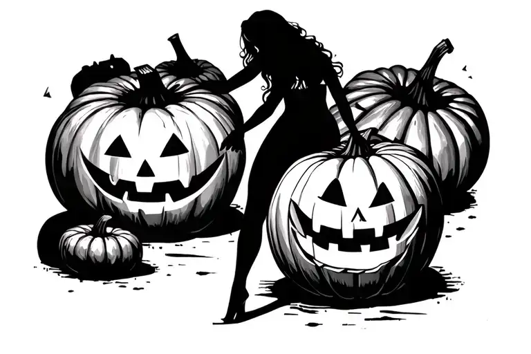 a woman wearing almost no Clothes stepping into Halloween pumpkins realistic tattoo style  tattoo design idea