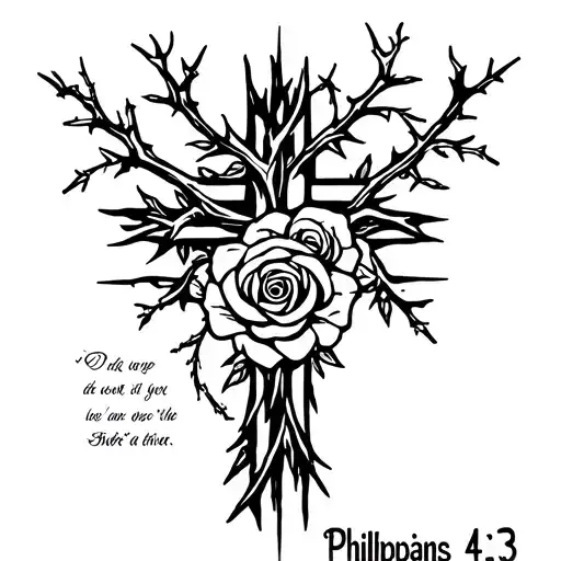 cross with thorns roses and vines with bible verse Philippians 4:13 tattoo design idea
