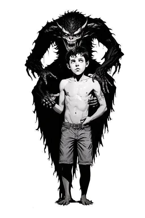 a boy standing with a scary demon grabbing him from behind tattoo design idea