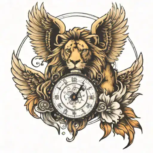 lion with angel wings &  watch face with 6.30 date  tattoo design idea