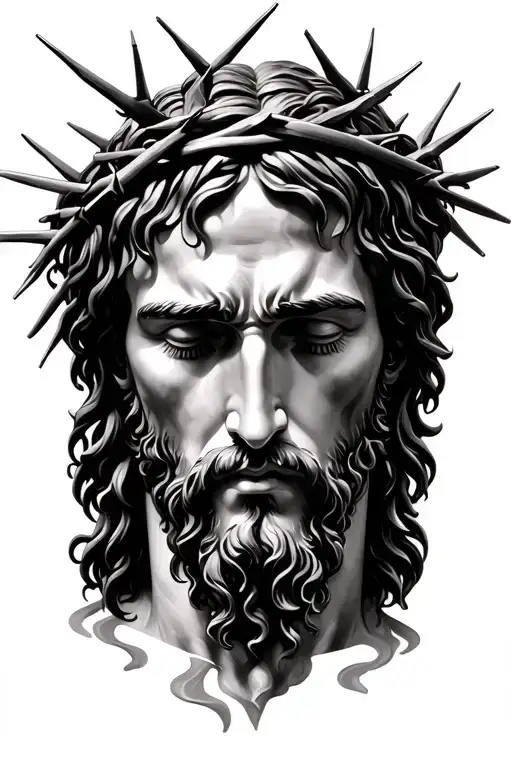 Create a hyper-realistic black-and-grey half-sleeve tattoo design. A detailed Jesus crown of thorns wraps around the for tattoo design idea