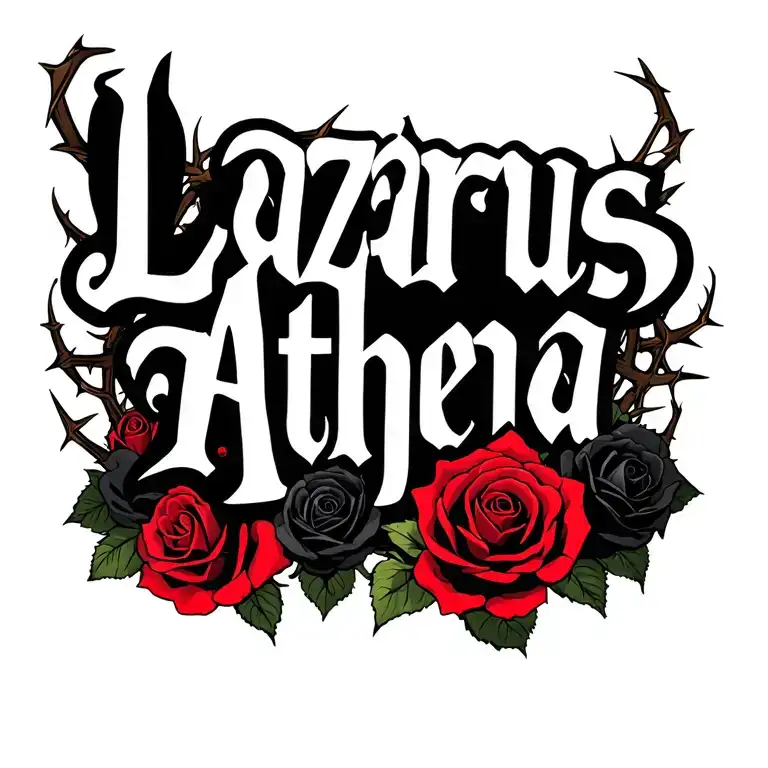 the name "Lazarus Athena" in gothic cursive with thorns wrapped around the letters and black and red roses behind it tattoo design idea