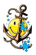 smiley face and a anchor that has a puzzle piece falling off it tattoo design idea