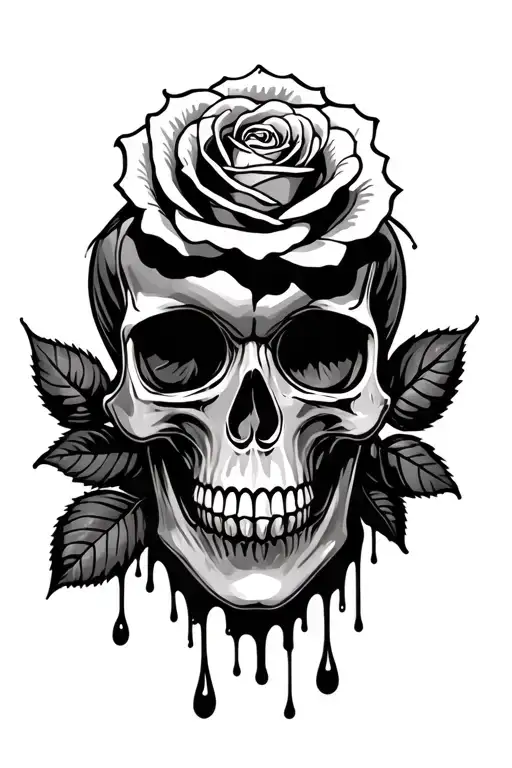 Skull with rose, dripping like a candle tattoo design idea