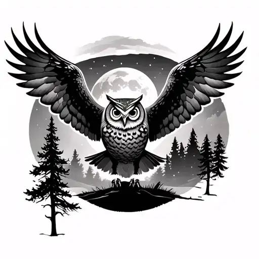 realistic owl tattoo flying directly towards me wings spread wide during the night with trees forest and moon tattoo design idea