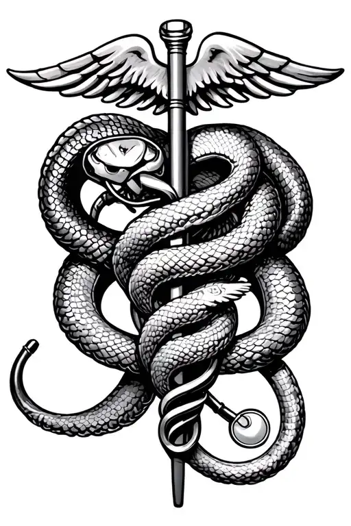 powerfull and majestic snake around a rod of caduceus with stethoscope on one side and a hearth on the other side tattoo design idea