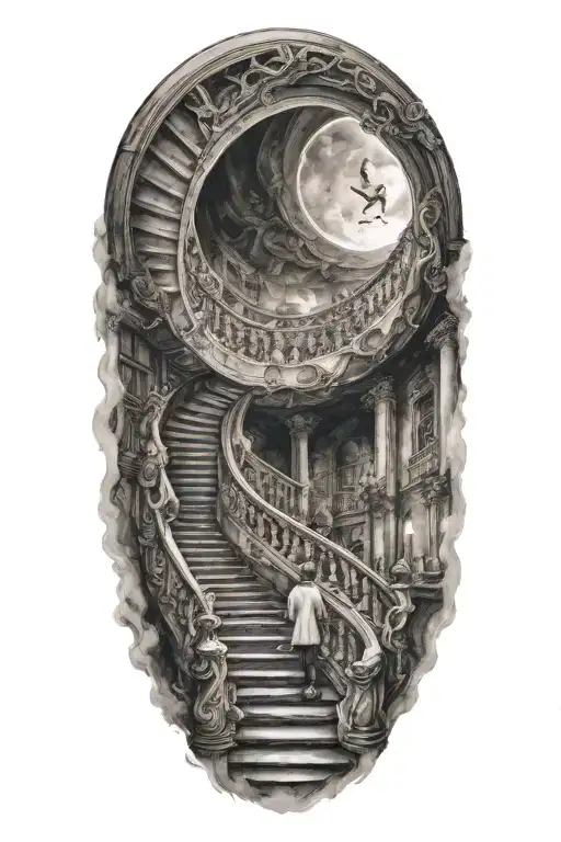 Grand Winding Staircase To Heaven With Little Boy  tattoo design idea