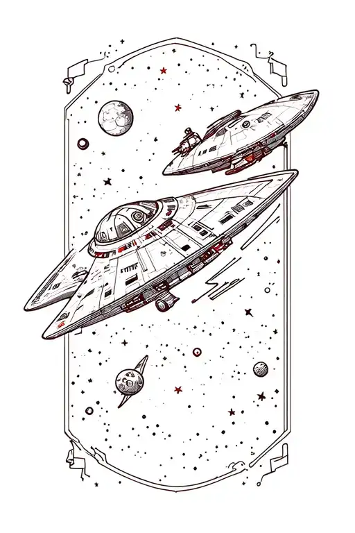 A sketch of a tattoo on the theme of space, medium size, in the style of minimalism and graphics, color, with a galaxy and a ship of Enterprise. tattoo design idea