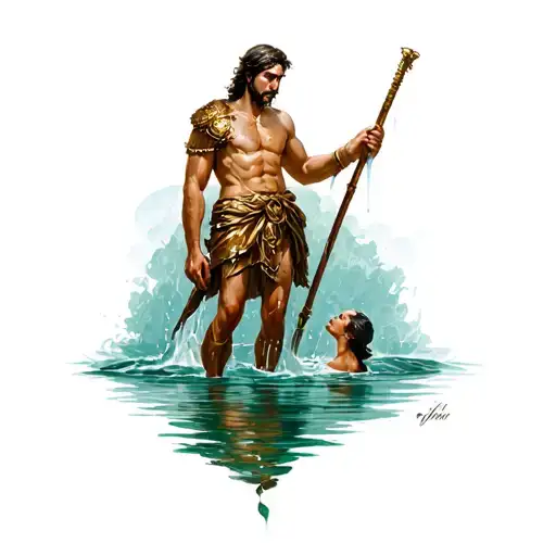 a scene from mythology in which Achilles is soaked by the heel in the river Styx tattoo design idea