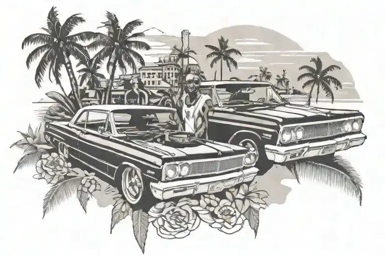 2pac and drdre, 1964 impala, palm and rising sun setting tattoo design idea