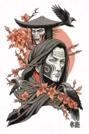 Realism Japanese style with itachi in with his mask, death reaper seal, shrine, Sakura tree, crows, red and black tattoo design idea