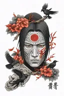 Realism Japanese style with itachi in with his mask, death reaper seal, shrine, Sakura tree, crows, red and black tattoo design idea
