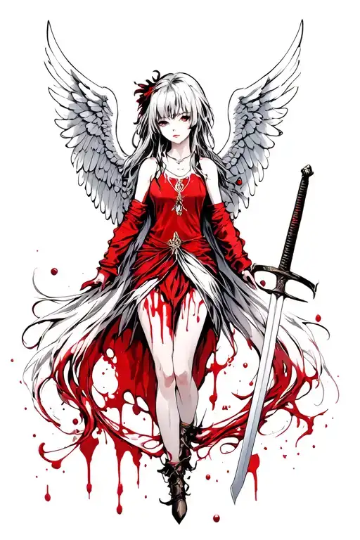 Angel girl in blood with a sword tattoo design idea